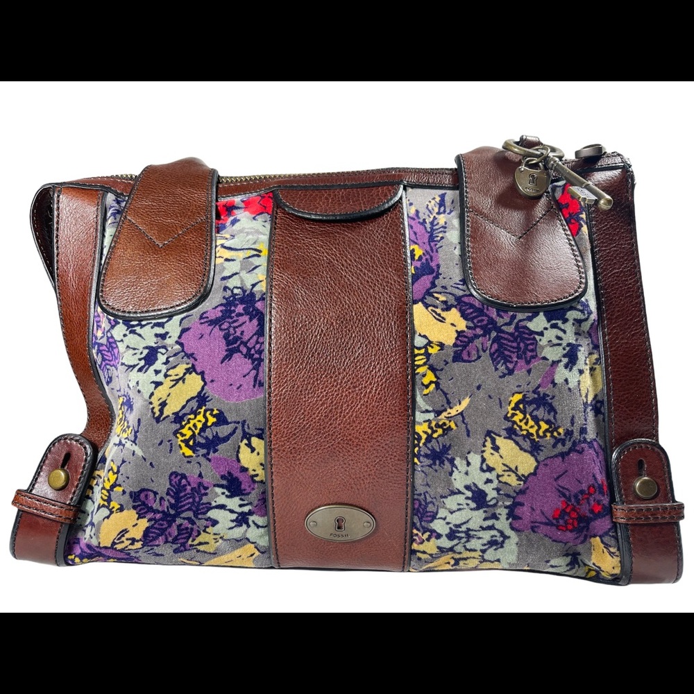 FOSSIL Vintage Reissue Satchel Handbag Purse FLORAL Velvet Velour Brown Leather